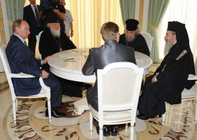 His Exc. Vladimir Putin, H.B. Patriarch Kyrill & H.B. Patriarch Theophilos & escort.