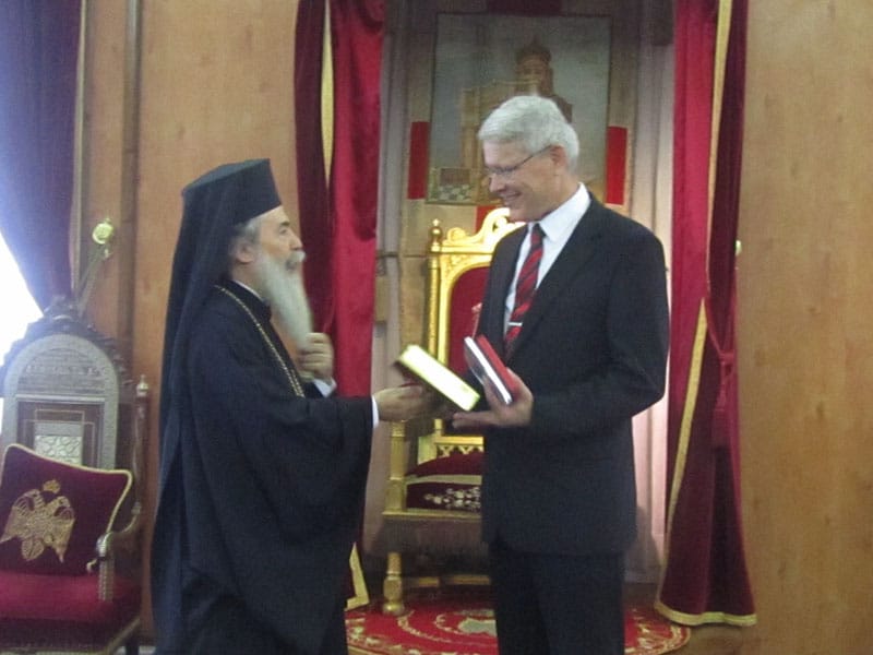 His Beatitude with the Finnish representative to the Palestinian Authority