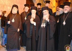 H.A.H. the Ecumenical Patriarch, H.B. the Patriarch of Jerusalem and the Hagiotaphite Brotherhood at the entrance of the Patriarchate